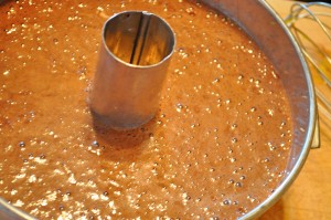 Pour bubbly batter into un-greased tube pan - Food Gypsy