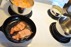 Cooking the potatoes, the bacon and prepping for the peas - Food Gypsy