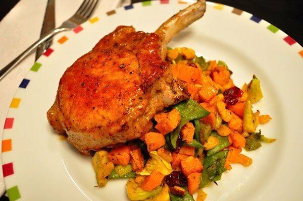 Sweet Potato Succotash & Pear Glazed Pork Chops - Food Gypsy