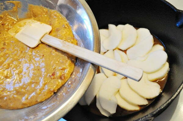 Pour batter over apples and caramel - Food Gypsy