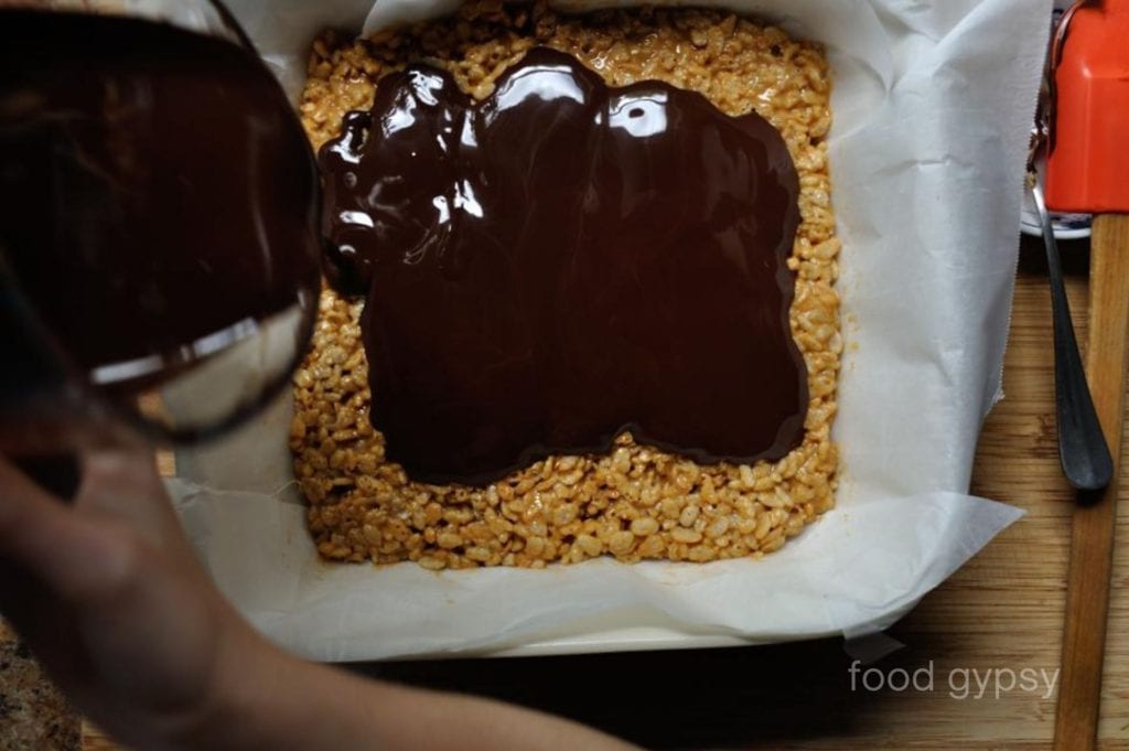 Step 5: melt chocolate, pour over rice crispy mx.