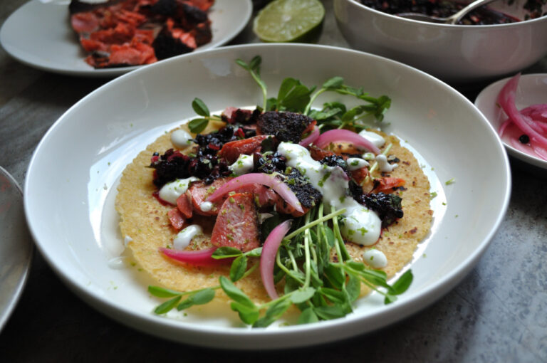 Blackened Salmon Tacos | Blackberry Salsa | Pickled Red Onions, Peace Love & Butter