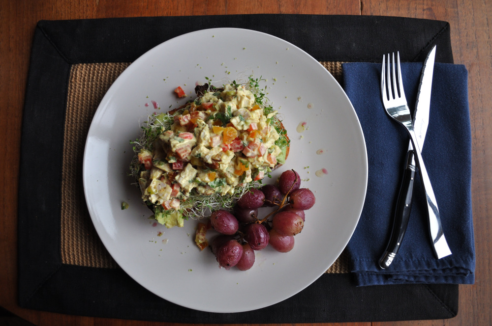 Curried Chicken Salad with avocado, sprouts & roasted grapes, Peace Love & Butter