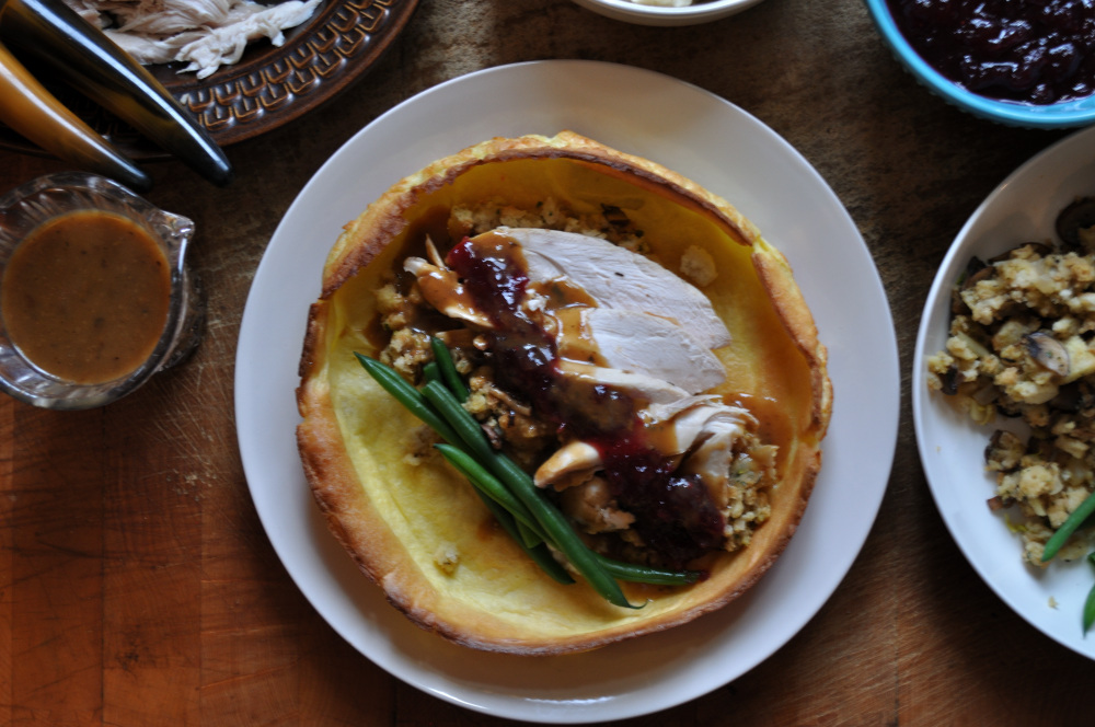 Yorkshire Pudding Bowl Filled with Leftover Turkey Dinner, Peace Love & Butter