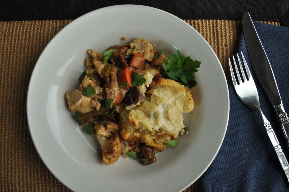 Turkey Leek Mushroom Casserole topped with Parmesan Mashed Potatoes, Peace Love & Butter