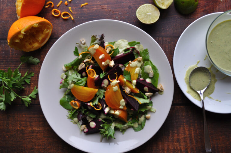 Vegan Roasted Beet Salad with Orange Cashew Vinaigrette