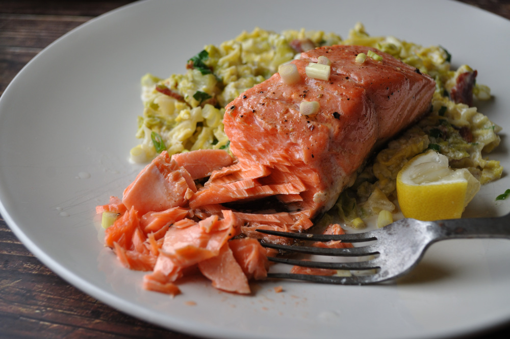 Crispy Skinned Salmon Creamed Savoy Cabbage
