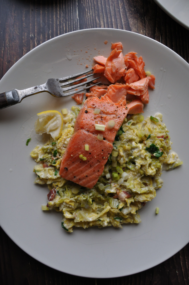 Crispy Skinned Salmon Creamed Cabbage Plated